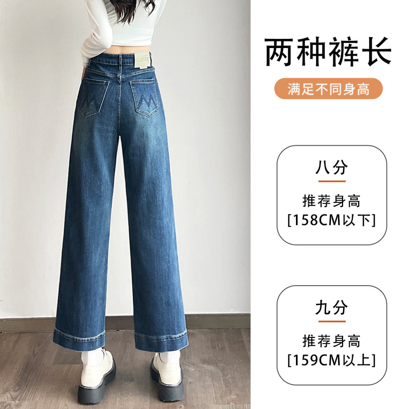 刺绣高腰阔腿牛仔裤女2025秋季新款宽松显瘦遮胯小个子九分直筒裤|undefined