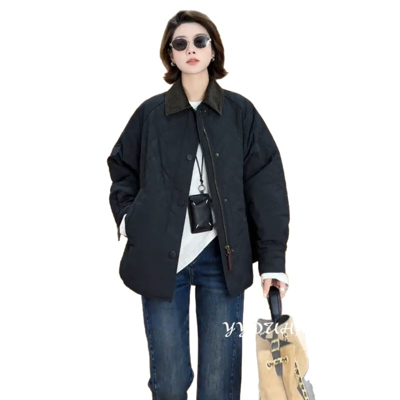 韩版翻领菱格棉服外套女2025秋季新款宽松休闲小个子夹棉轻薄棉衣|undefined