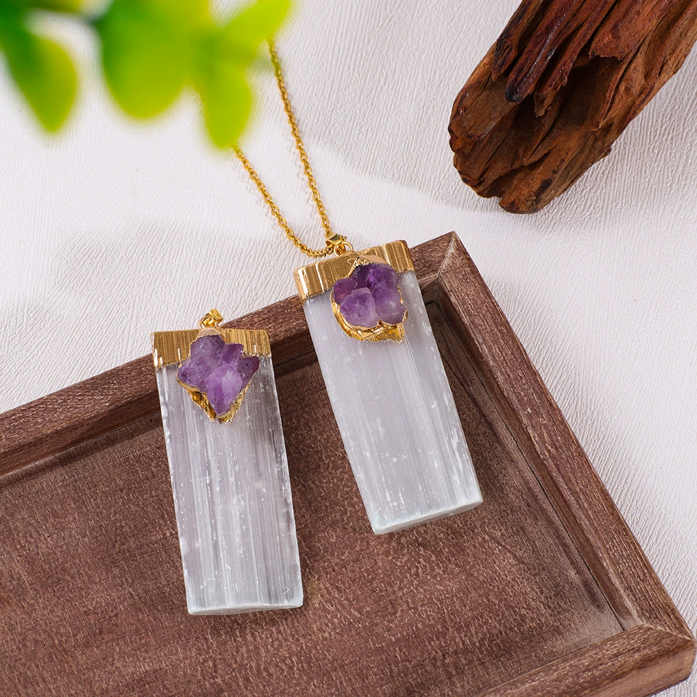 Amazon белая гипсовая инкрустированная пурпурная кластерная подвеска длинная хрустальная колонна подвеска европейские и американские украшения аметист ожерелье через границу