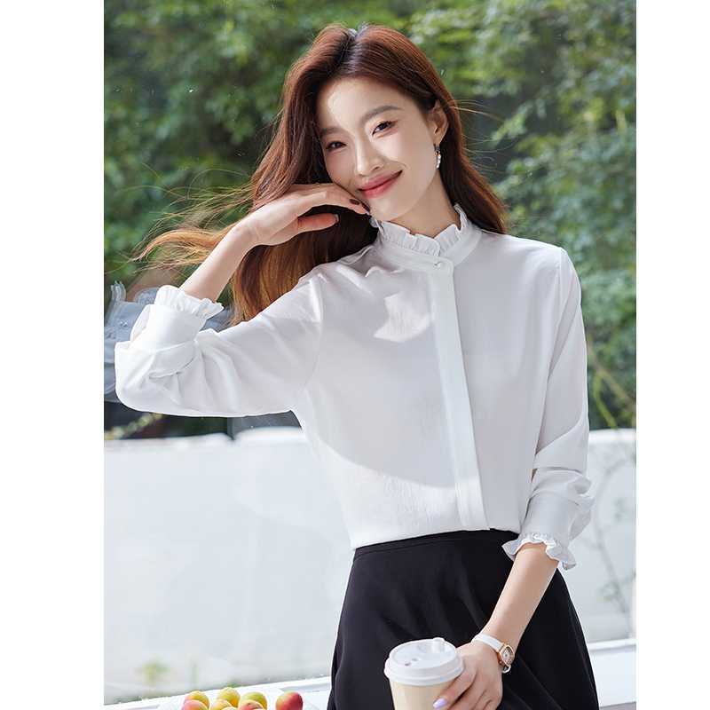 In stock, real photos: 2026 autumn new style long-sleeved shirt with ruffled trim, women's satin shirt, basic top In stock, real photos: 2026 autumn new style long-sleeved shirt with ruffled trim, women's satin shirt, basic top