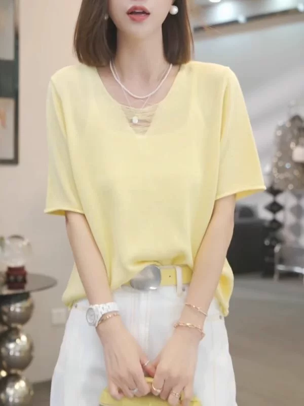 Желтый вязаный топ с V-образным вырезом и короткими рукавами для женщин больших размеров, летняя модная универсальная футболка для похудения.