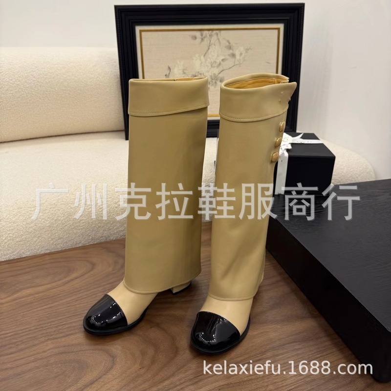高定25秋冬新款小香风真皮拼色粗跟长靴时尚百搭高筒靴|undefined
