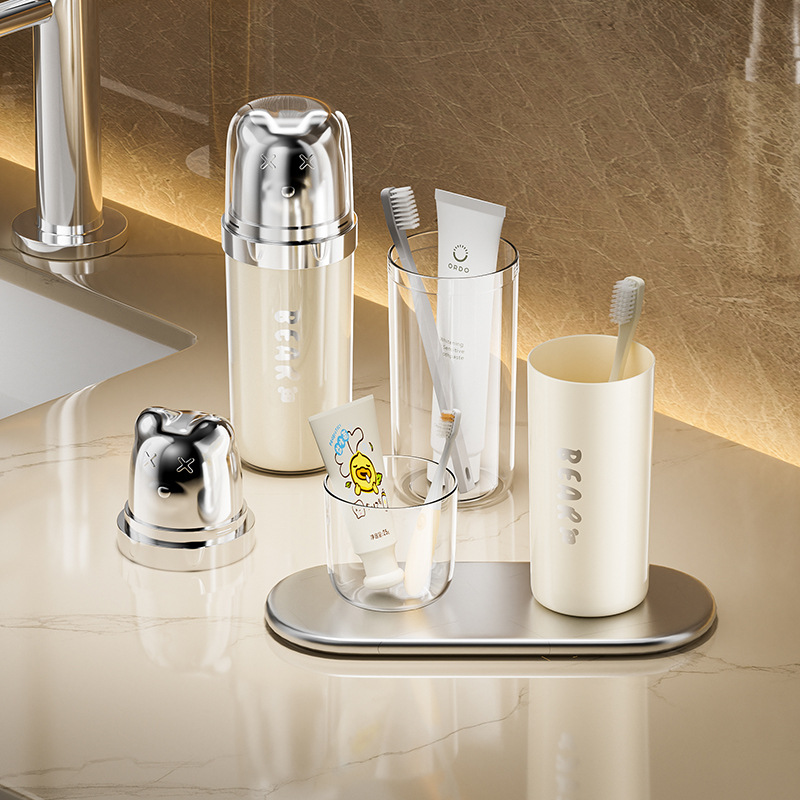 Taza de enjuague de oso portátil de viaje 3 en 1 caja de almacenamiento de aparatos dentales de alto valor facial artículos de higiene