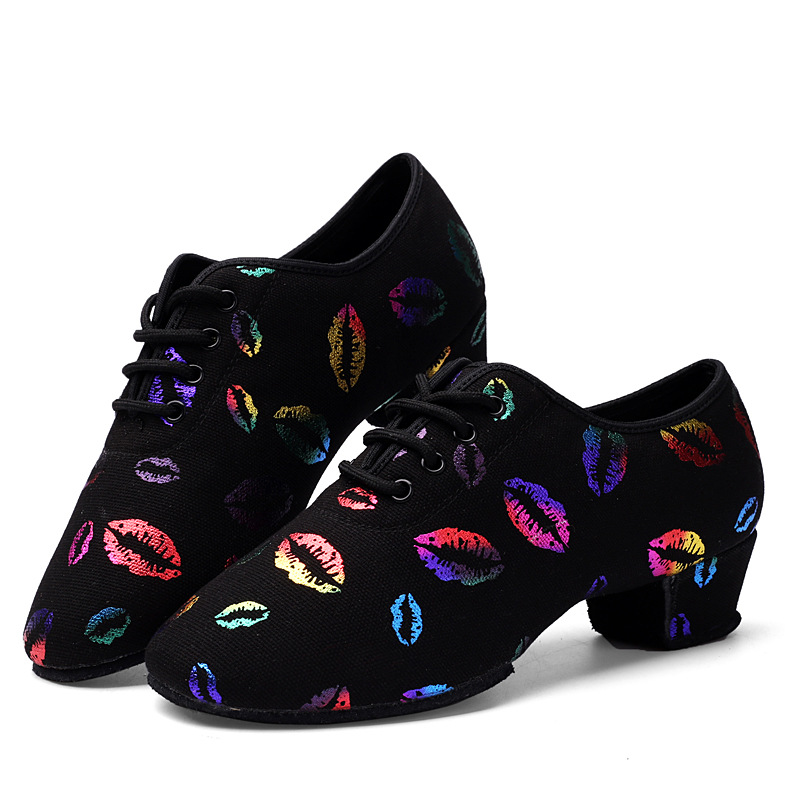 New Latin Dance Shoes Fashion Colorful Lip Pattern Children's Practice Shoes Low, Medium and High Heel Soft Sole Comfortable Dance Shoes