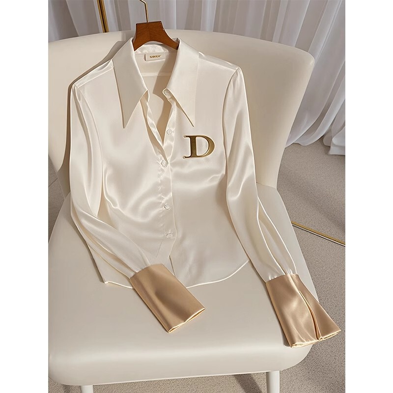 Early Autumn Foreign-style High-end Top Mogo Fish Yuan Chuang Xiaozhong Unique Chic Cold White Acetic Satin Shirt Early Autumn Foreign-style High-end Top Mogo Fish Yuan Chuang Xiaozhong Unique Chic Cold White Acetic Satin Shirt