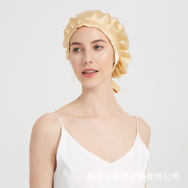 アマゾン绢糸ちりめん月子家事ヘアケアストラップタック调整可能シルク长髪シルク睡眠帽