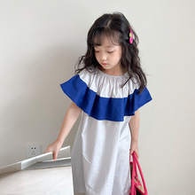 2022夏季新款韩版女童蓝色撞色领连衣裙洋气儿童白色短袖长裙Q301