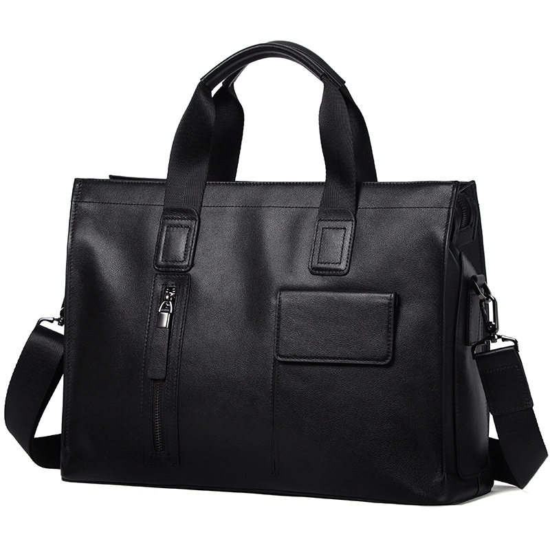 Túi xách tay nam da bò lớp đầu 40×13×29 cm đựng laptop 15.6 inch — Dây kéo dọc màu đen không có túi bên, Dây kéo dọc màu đen có túi bên