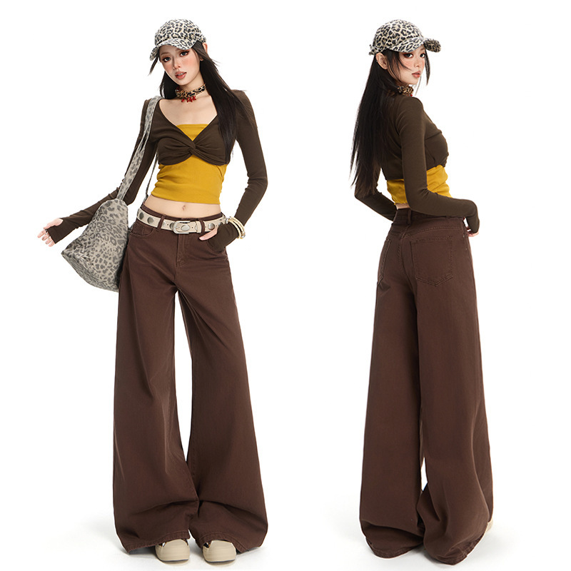 Women's Maillard Brown Wide-Leg Jeans, 2026 Autumn New Vintage Loose Slimming Draped Floor-Length Pants Women's Maillard Brown Wide-Leg Jeans, 2026 Autumn New Vintage Loose Slimming Draped Floor-Length Pants