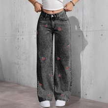 2025跨境红色樱桃花刺绣smx欧美显瘦橡筋阔腿个性牛仔女亚马逊JEA