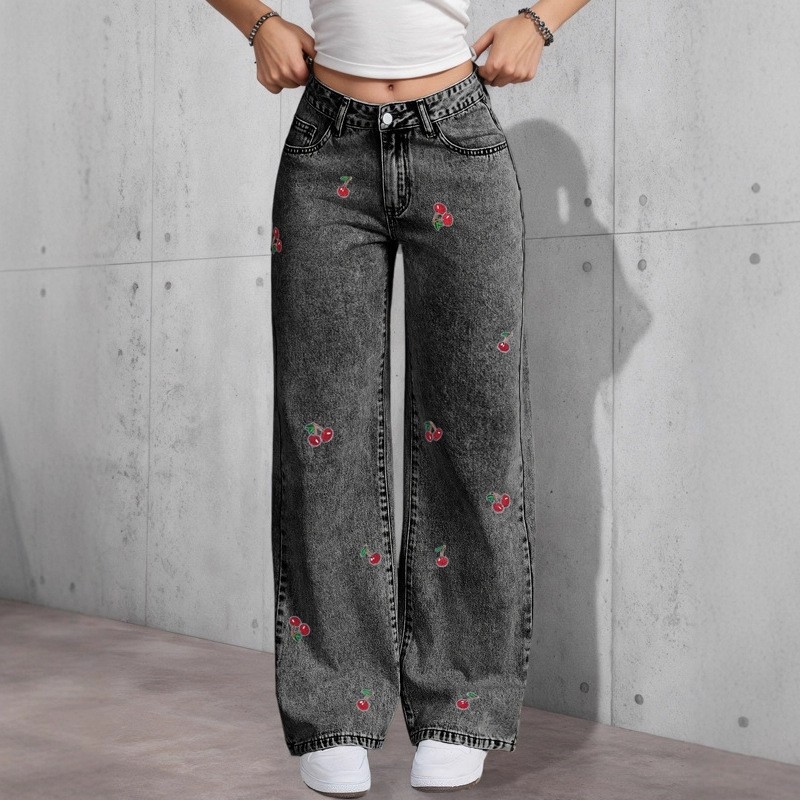 2025跨境红色樱桃花刺绣smx欧美显瘦橡筋阔腿个性牛仔女亚马逊JEA