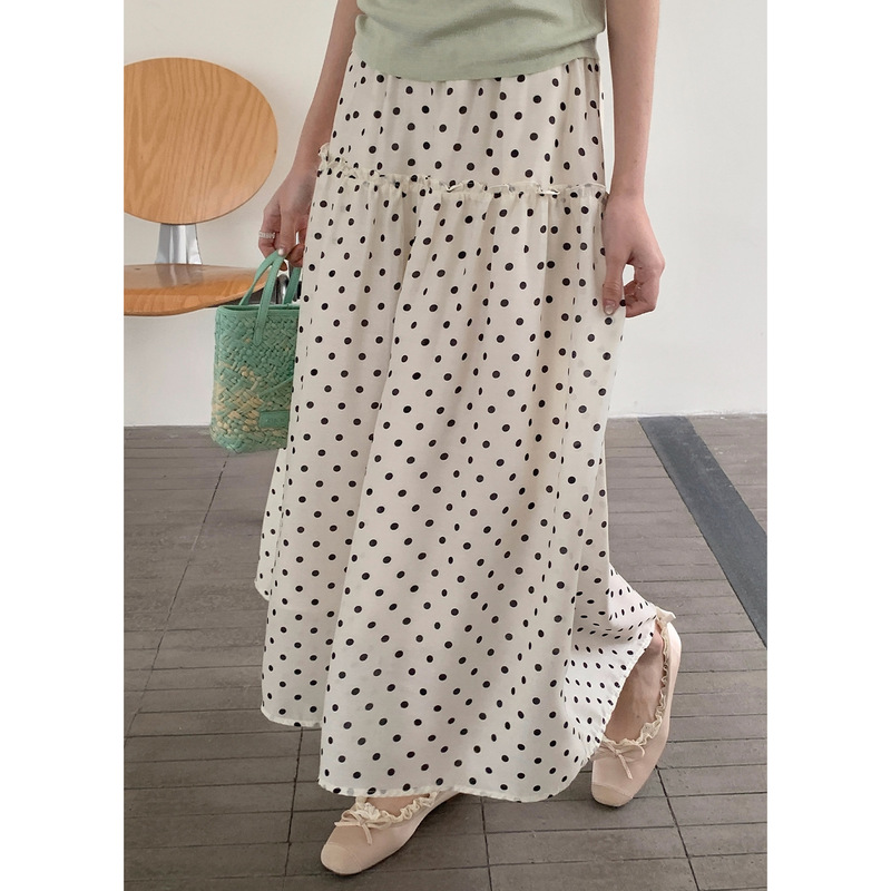 [No Returns or Exchanges] Hong Kong Style Retro Polka Dot High-Waisted Skirt for Women, A-Line Drapey Mid-Length Skirt with Large Hem Ye029