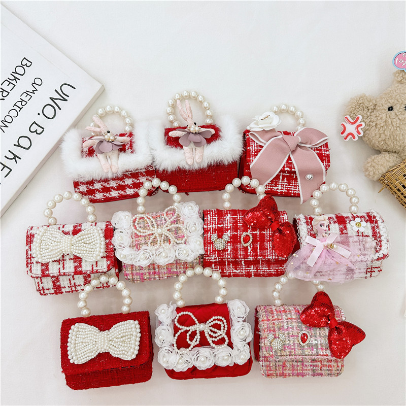 Otoño y invierno nuevo bolso de princesa infantil bolso pequeño cuadrado rojo de chicas cadena de hombro mochila de perlas bolso de cambio