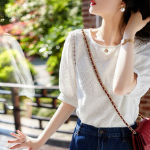 超仙镂空泡泡袖蕾丝衫短袖女2025夏新款宽松显瘦舒适上衣洋气小衫