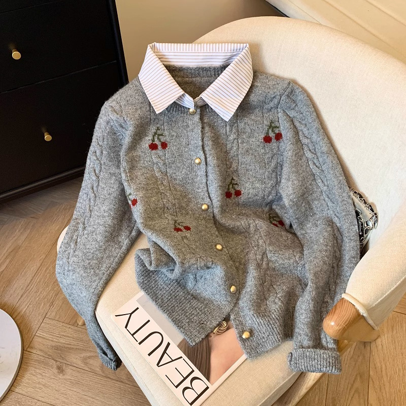 Counter Withdrawal of Fake Two-Piece Shirt Collar Sweater Jacket for Women in Autumn and Winter New Preppy Style Soft Waxy Knitted Cardigan