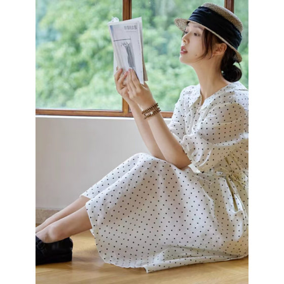 2025 New Style Linen Vintage Polo Dot dress Loose Long Dress Summer New