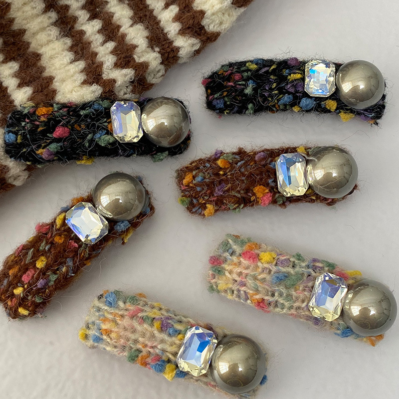 少女風彩色毛線bb夾灰色珍珠水晶劉海夾時尚前額碎髮夾側邊夾發卡