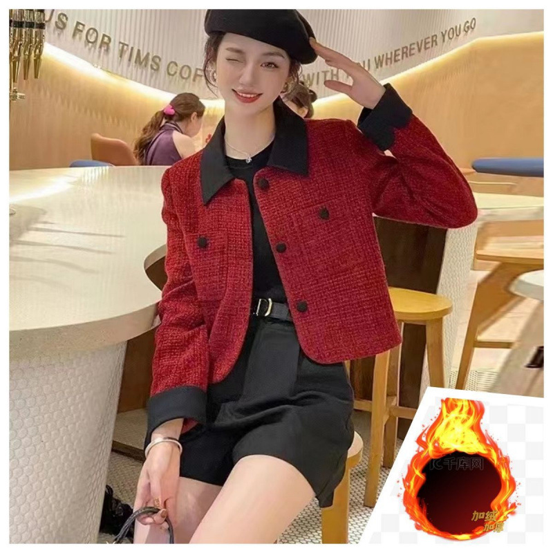 法式小香风高级外套女春秋装新款气质名媛红色时尚毛呢小个子|undefined