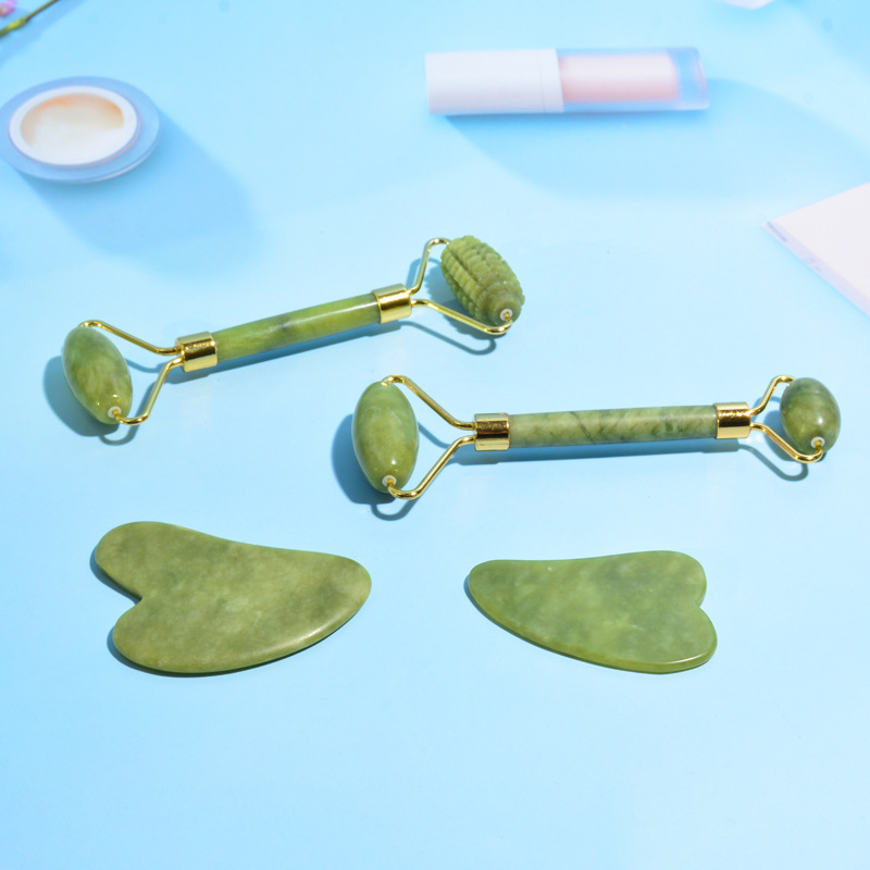 Fábrica de fuentes masajeador facial de jade natural, empujador facial de belleza facial, conjunto de placa de rueda de jade