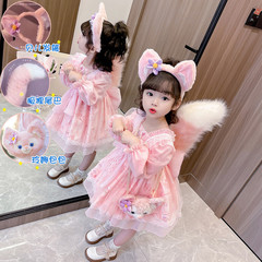 Autumn and Spring Kids' Princess Dress, Stylish Mesh Design with Cartoon LinaBell Pattern, Girls' Long-Sleeve Lolita Skirt