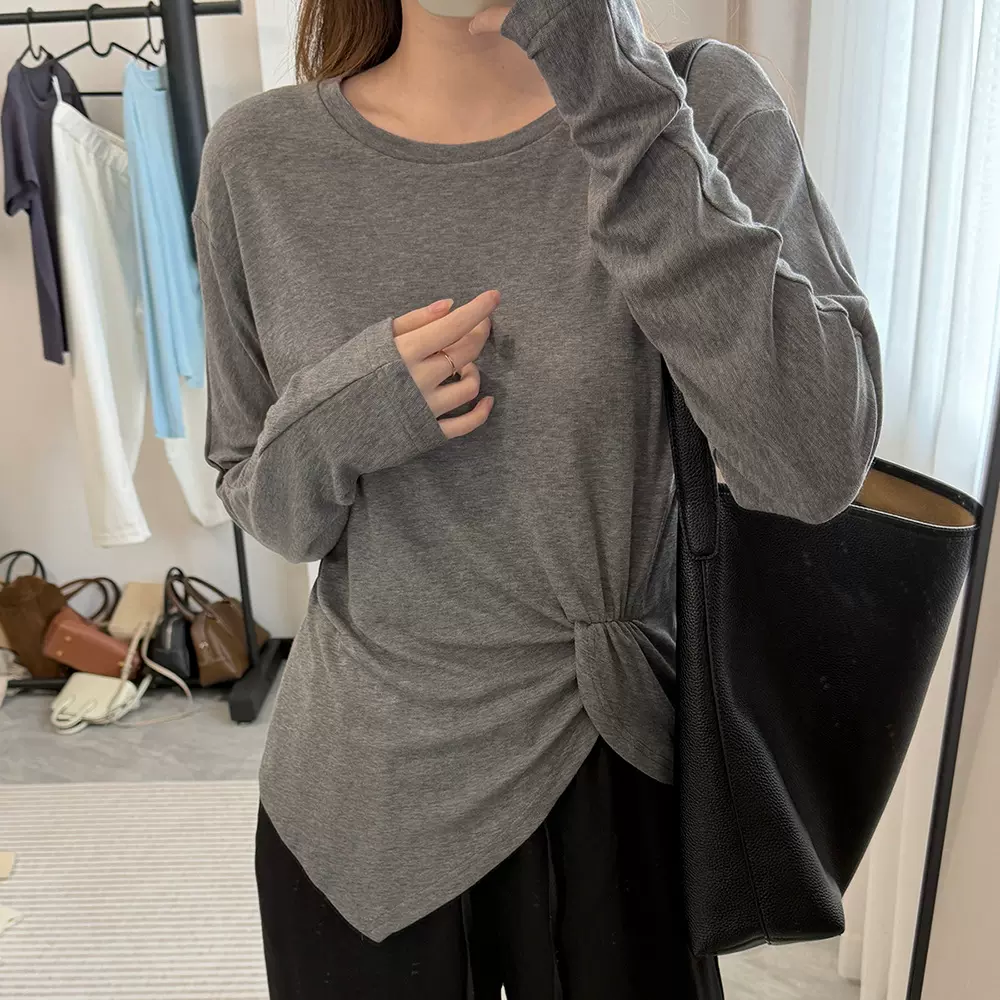 天丝羊毛扭结设计百搭长袖针织衫女早春新褶皱不规则修身圆领上衣