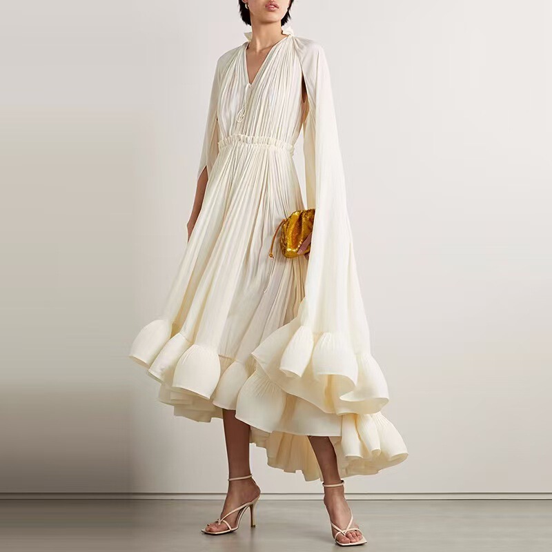 Formal-Style Elegant Long Dress for Women with Irregular Ruffled Pleated Design, Loose V-Neck Tie Dress with a Large Hem