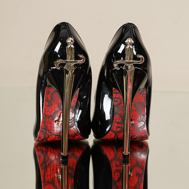 Cross-border metallic stiletto high-heeled shoes, comfortable for the feet, genuine soft leather, printed red sole, pointed toe women's shoes, dagger patent leather single shoes Cross-border metallic stiletto high-heeled shoes, comfortable for the feet, genuine soft leather, printed red sole, pointed toe women's shoes, dagger patent leather single shoes