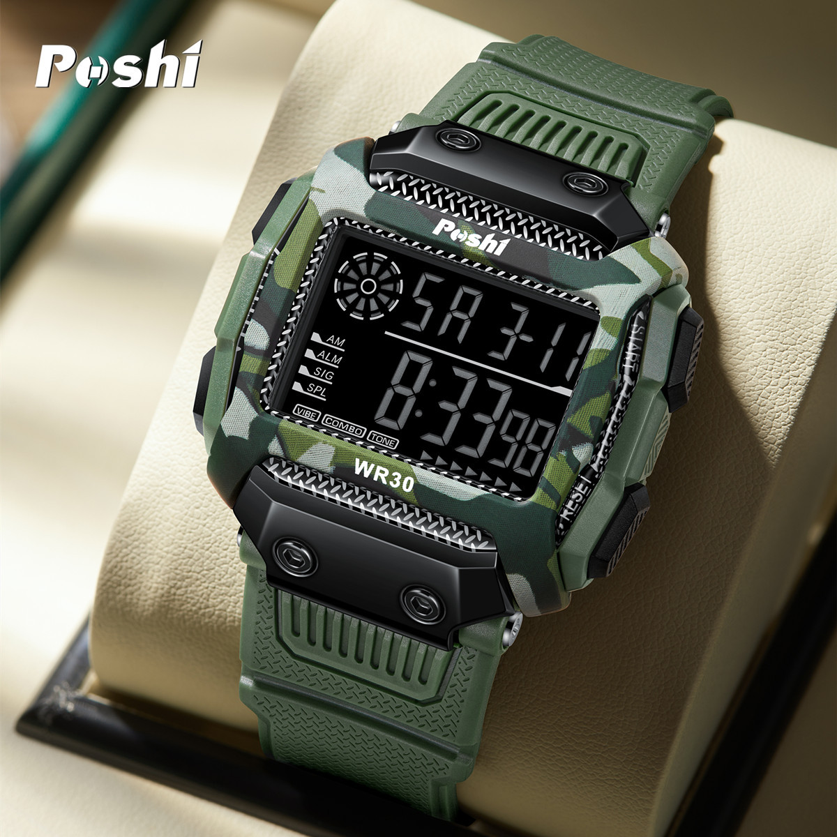 Reloj electrónico deportivo de reloj POSHI Camuflaje para estudiantes Reloj digital luminoso de alarma multifuncional al aire libre