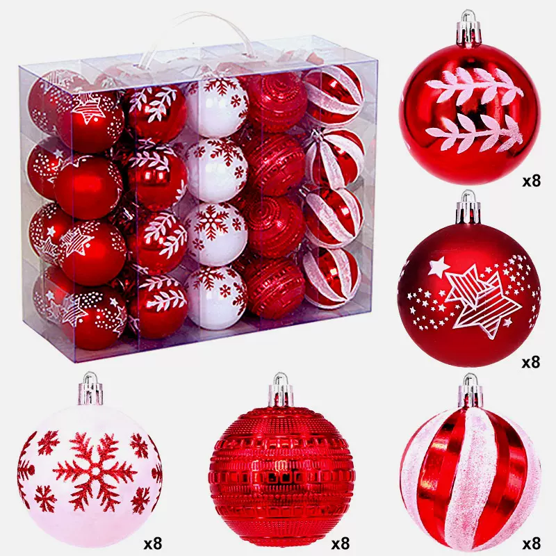 亚马逊跨境圣诞球套装6CM40个圣诞装饰品红白色彩绘球电镀塑料球
