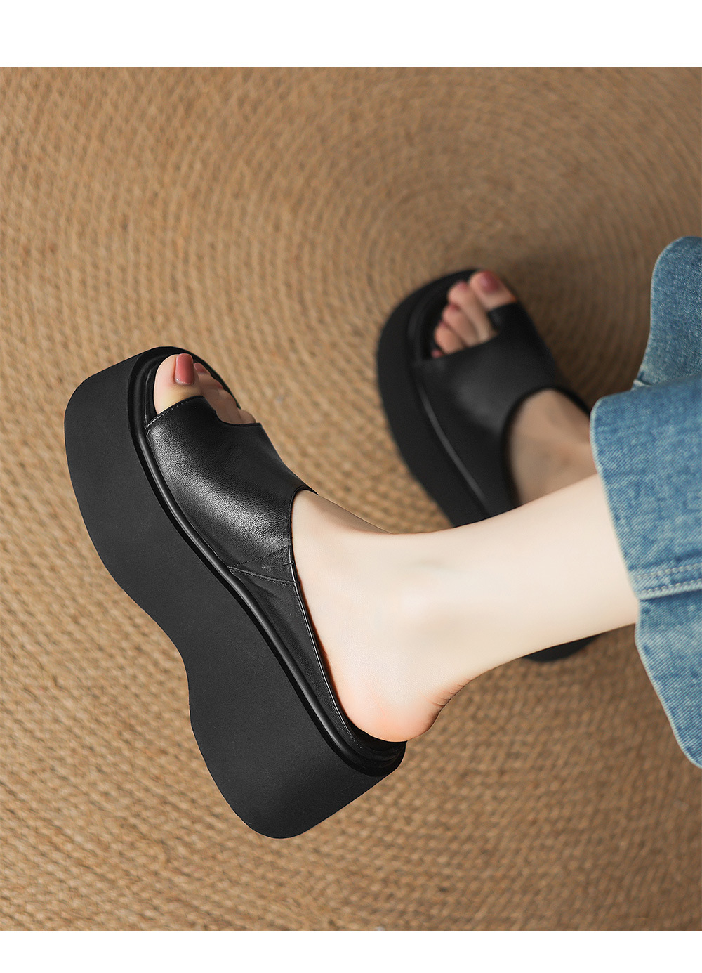 Sandal miệng cá đế xuồng cao su dày dáng người nhỏ, dép xỏ ngón mùa hè platform — Màu đen chi tiết 10