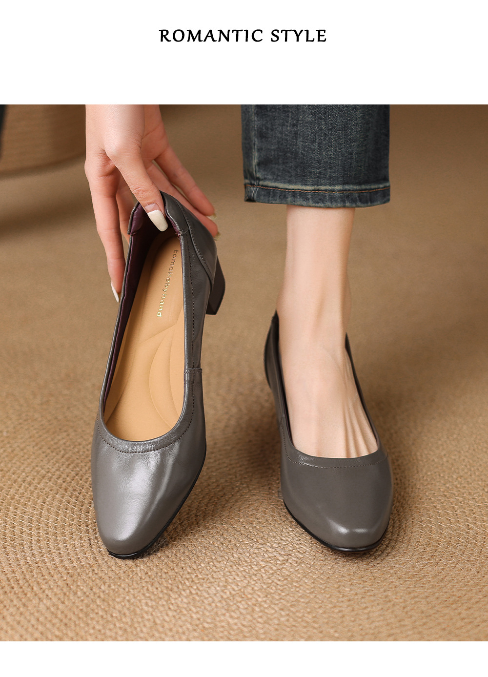 Giày da bò gót thấp 3,5 cm mũi tròn gót vuông miệng nông cho nữ — Màu đen chi tiết 10
