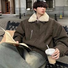 冬款美式羊羔绒夹克外套加厚棉服男美拉德休闲宽松翻领PU皮衣棉衣