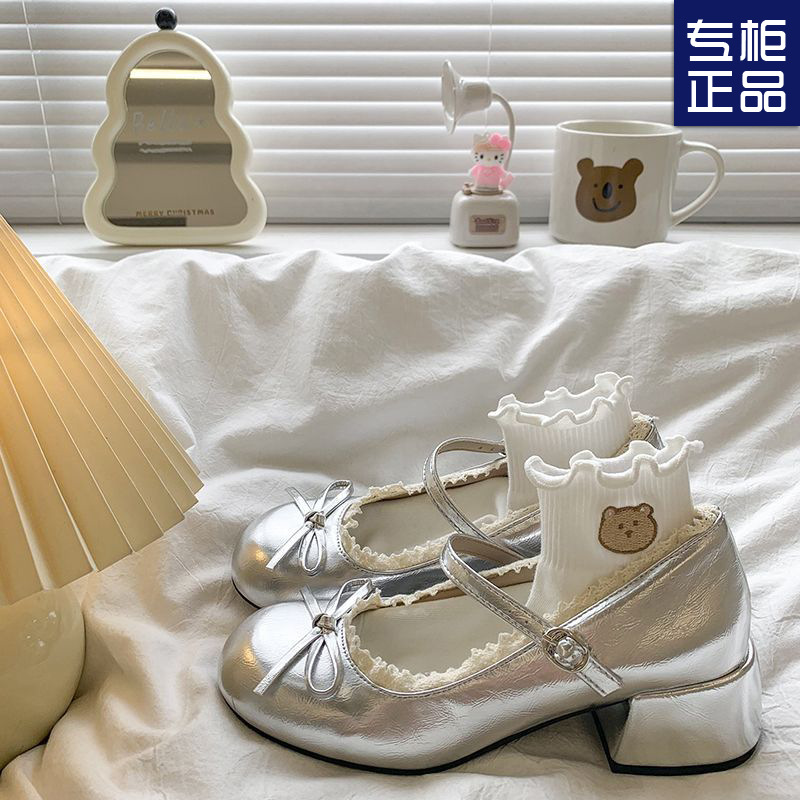 Silver French Ballet Pumps Thick High Heels Women's Small Leather Shoes 2025 New Summer Style Mary Jane Shoes with Skirts
