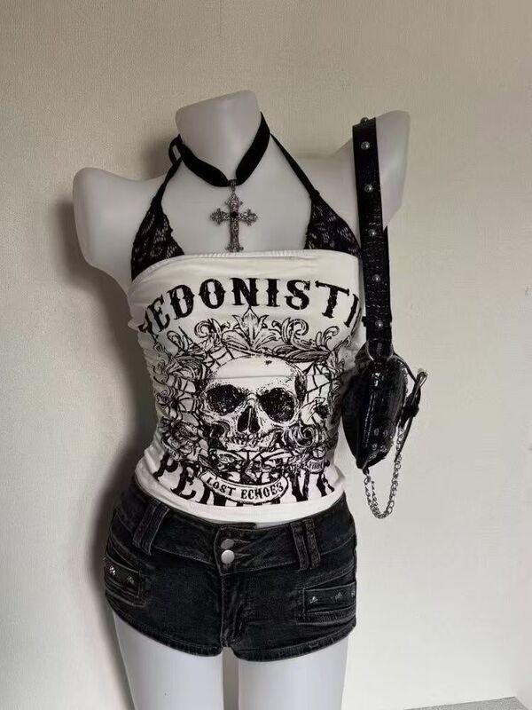 Y2K Hot Girl Skull Print Halter Neck Tank Top for Women, Summer American Retro Distressed Print Short Slim-Fit Camisole Y2K Hot Girl Skull Print Halter Neck Tank Top for Women, Summer American Retro Distressed Print Short Slim-Fit Camisole