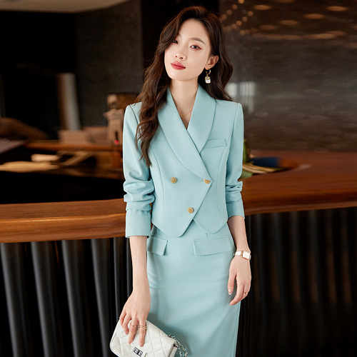 Blue suit suit, feminine style, socialite Xiaoxiang style professional suit, skirt, skirt, high-end short jacket