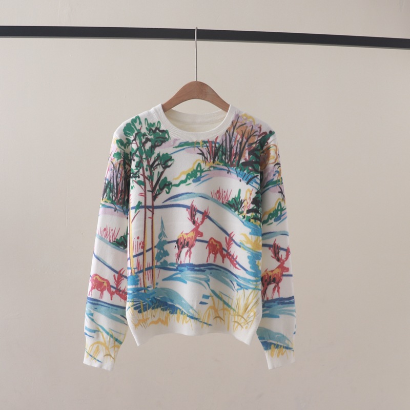 秋冬新款丛林小鹿印花图案圆领长袖针织衫打底毛衣