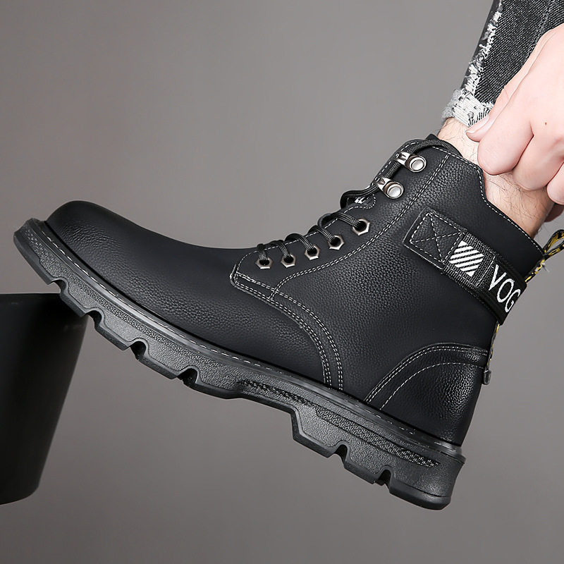 Bốt Martin nam da bò thật cổ cao gót 3–5 cm, lót lông giữ ấm, dây buộc phía trước — Q7879 bốt đơn màu đen, Q7879 lót lông màu đen