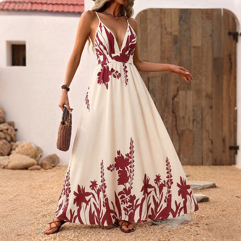 Tiktok2026 New Tropical Vacation Style Long Skirt with Ethnic Floral Print and Backless Strap Dress