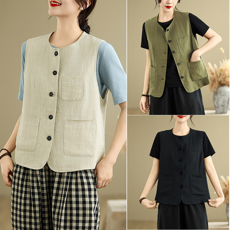 Actual Shot of 2025 Summer New Style Literary Simple Loose Cotton and Linen Vest Cardigan Sleeveless Jacket Waistcoat for Women