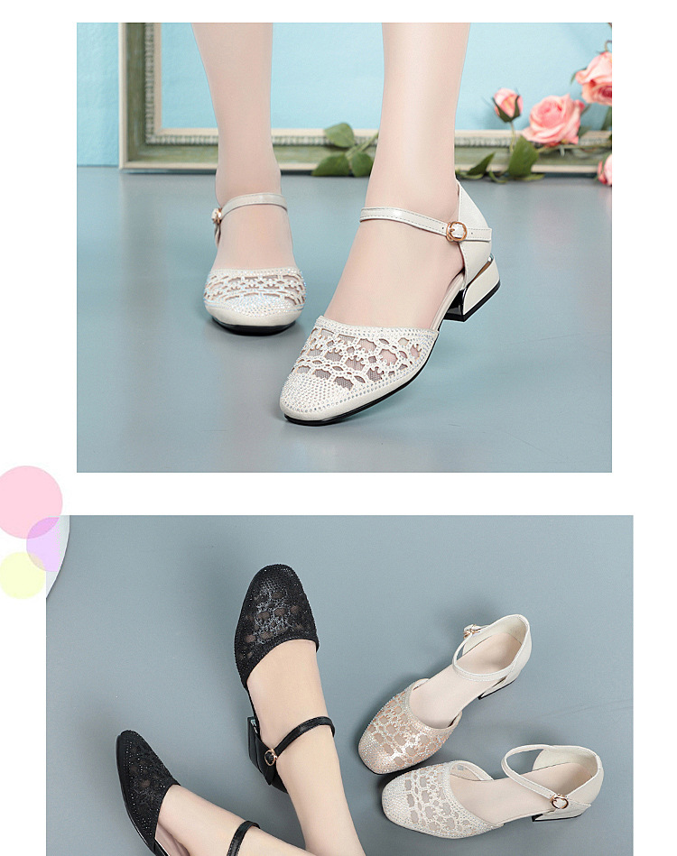 Sandal bít mũi nữ da thật lưới thoáng gót thấp — Màu be chi tiết 13