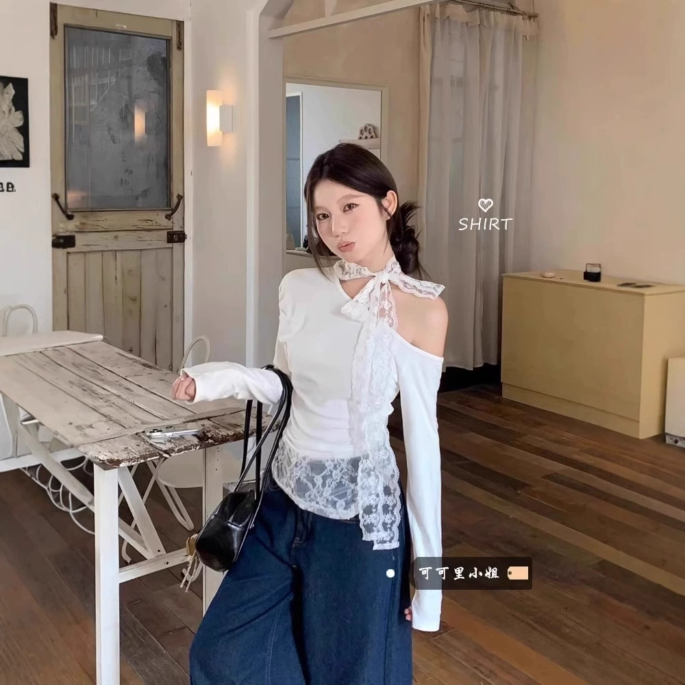 Горячая девушка кружева с открытыми плечами футболка с длинными рукавами женская осень-зима новый дизайн стильный тонкий белый топ