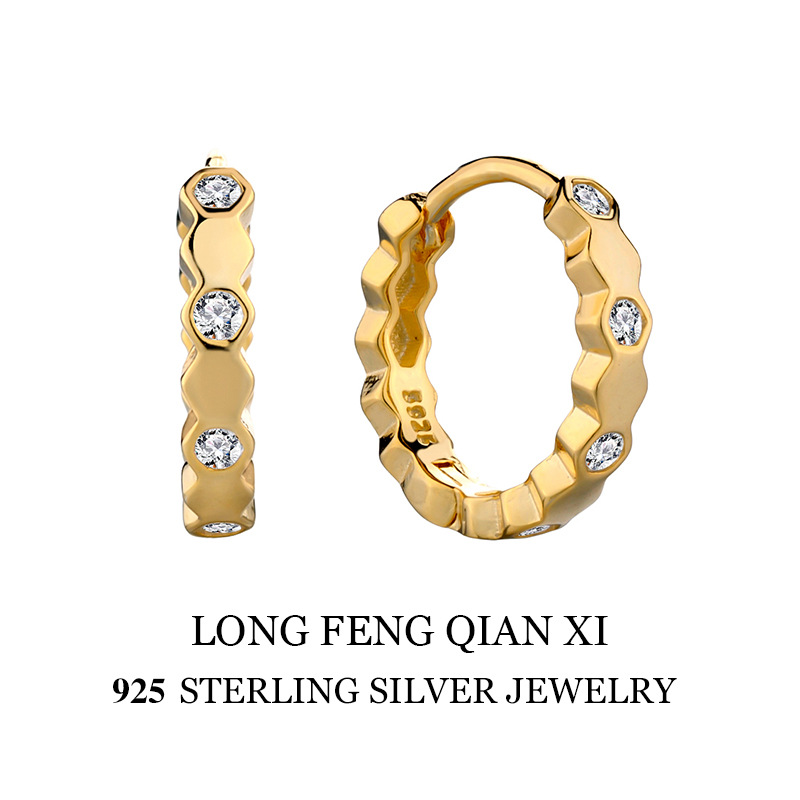 925 sterling silver honeycomb earrings Korean style fashionable all-match hexagonal earrings high-grade niche exquisite 18K gold earrings