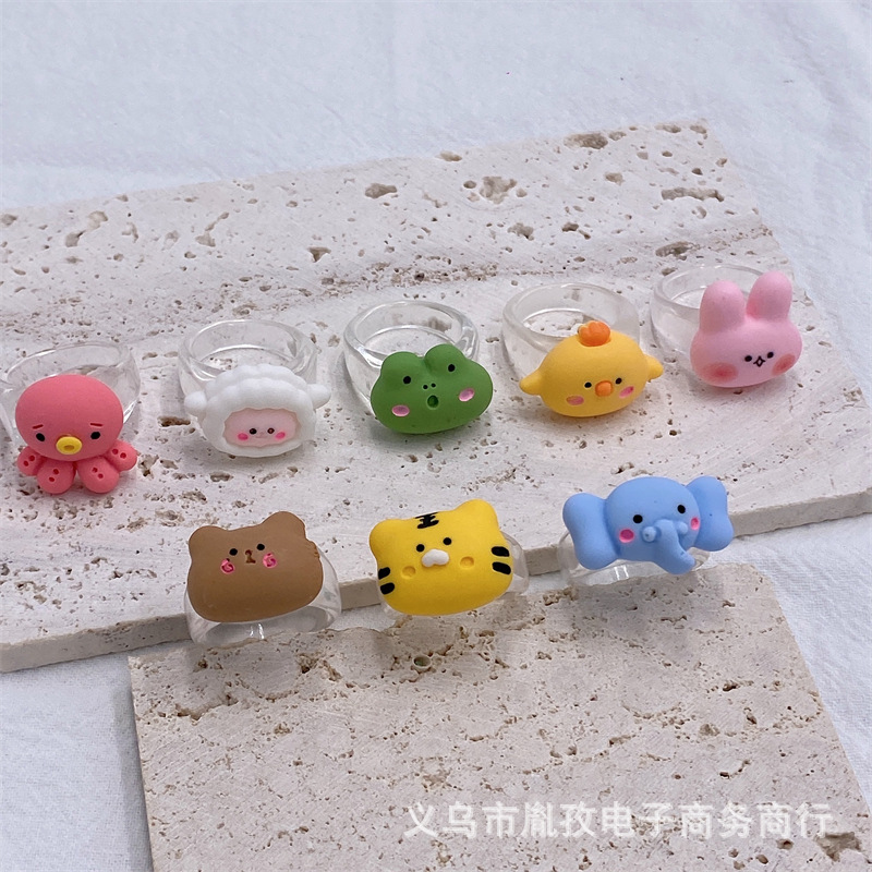 Nueva historieta animal Rana Tigre elefante pulpo resina anillo lindo estilo personalizado divertido anillo