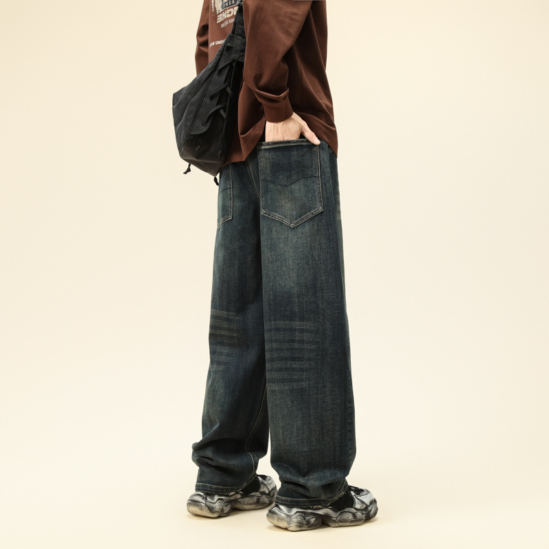 Men's demi-season retro trend loose straight jeans