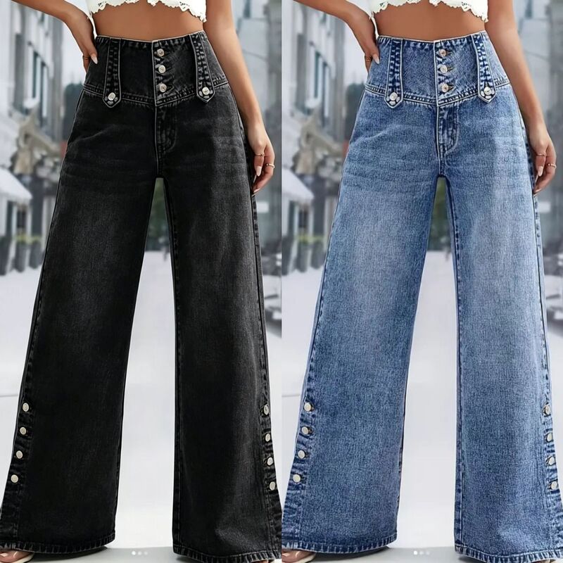 Cross-Border 2026 Spring/Summer New Style Floral Print Split Hem Denim Pants High-Waisted Vintage Button Wide-Leg Jeans for Women