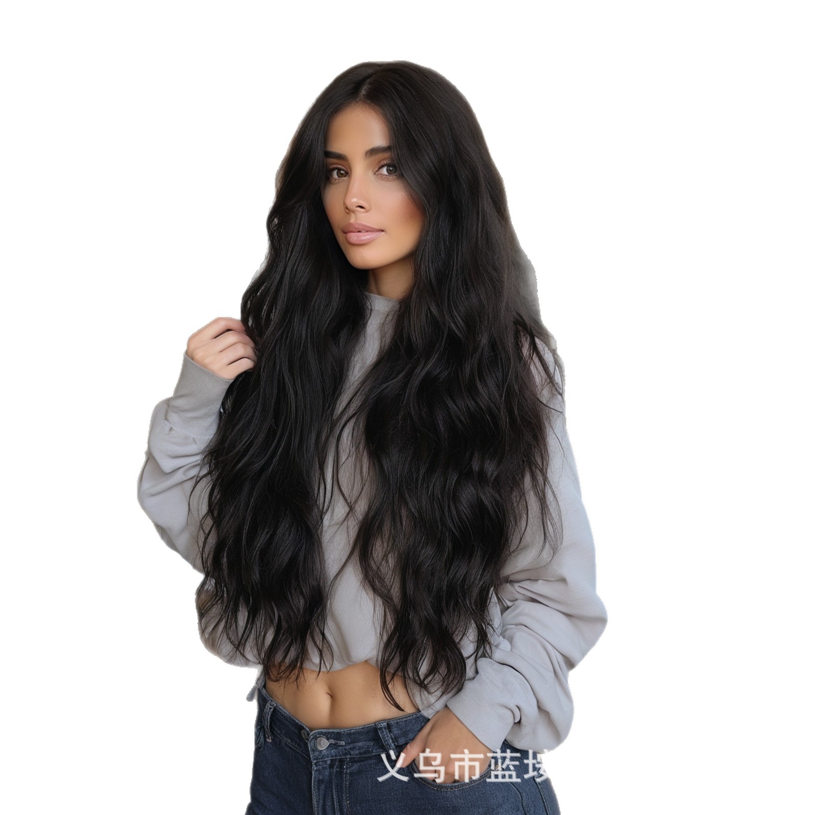 Peruca de comercio exterior europea y americana cabello rizado largo negro ondulado fibra química cabeza completa peluca fábrica al por mayor