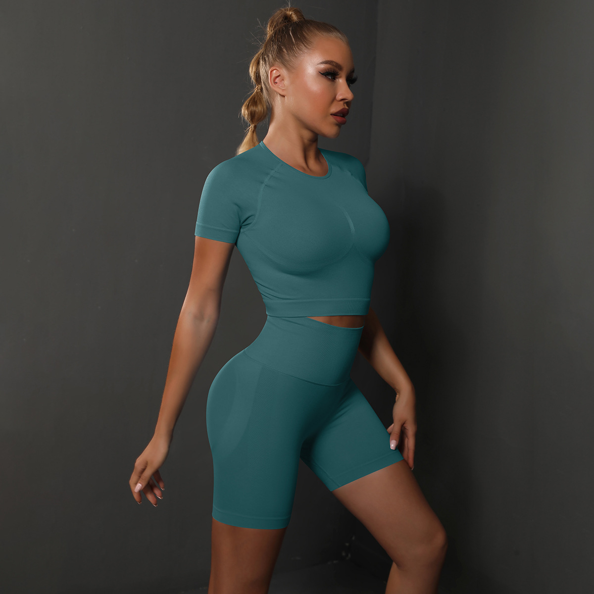 308g Weight Short Sleeve Sleeve Length Nylon, Nylon, Spandex Fabric Type Short Top Length Shorts Suits Pants Type Fitness, Yoga Occasion Round Neck Neckline Solid Color Pattern Sport Style Style Seamless Craft Sport Style Solid Color Nylon Nylon Spandex Round Neck Tracksuit Shorts Suits 107