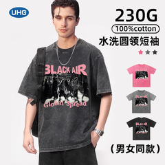 UHG Pure Cotton Heavyweight Stir-Fried Snowflake Distressed Wash Water Top for Men and Women, Urban Alphabet Print Large Size T-Shirt