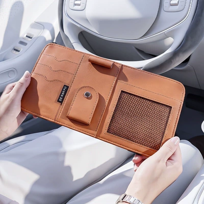Car sun visor storage clip multifunctional in-car glasses clip card holder storage bag document holder storage case (Car Glasses Clip/Bill Clip) - emma-orangehigh-end-nappa-leather-sun-visor-storage-bag