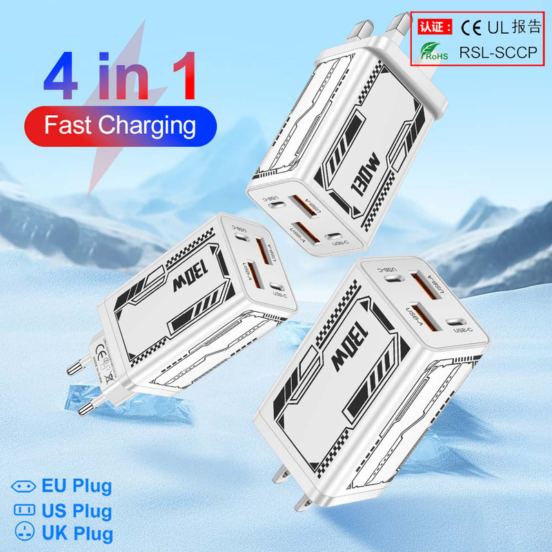 4-Port Standard 130W 2Usb+2Pd Mobile Phone Power Adapter European, American and British Plug Wall Charger